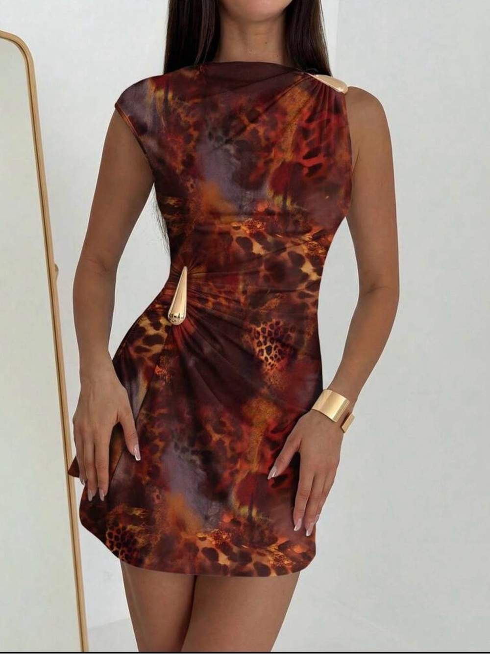 Elegant Sexy Brown Tie Dye Leopard Print Metal Decor Ruched Hem Mini Dress - Picture 4 of 4